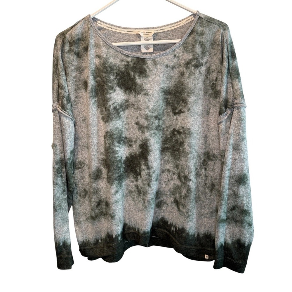 Lucky Brand Womens Grey Tie Dye Sweatshirt Slouchy Drop Shoulder M Cozy Lounge